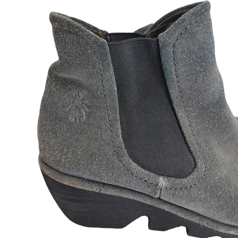 Fly London Phil Gray Suede Wedge Boots Size 38 US 7.5-8 Pull On Chelsea Chunky - Picture 12 of 13